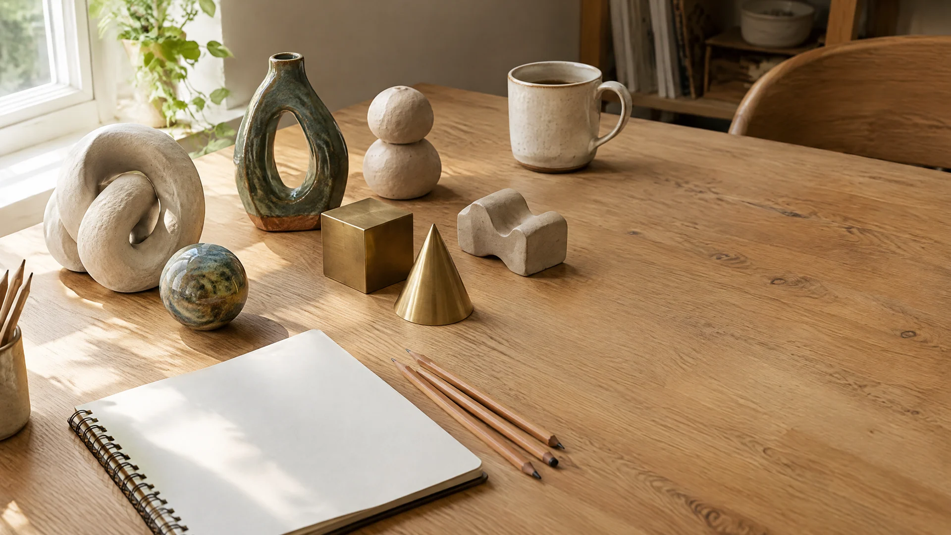 Sunlit oak desk with small clay, ceramic and brass shape models, a blank sketchbook and pencils
