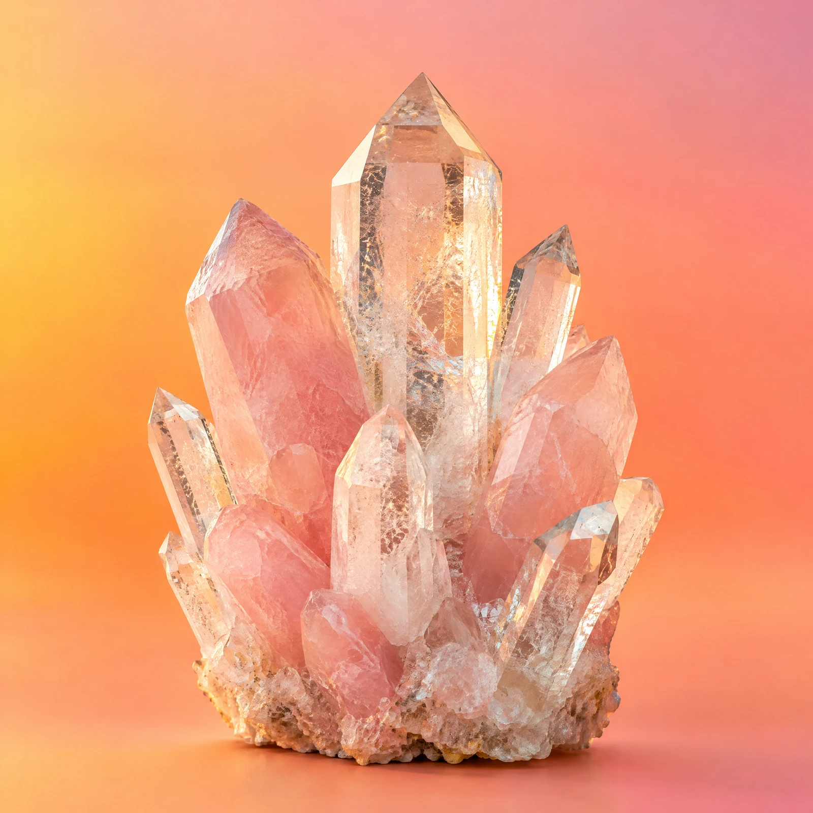 Cluster of rose quartz and clear quartz crystals on a peach to pink sunset gradient background