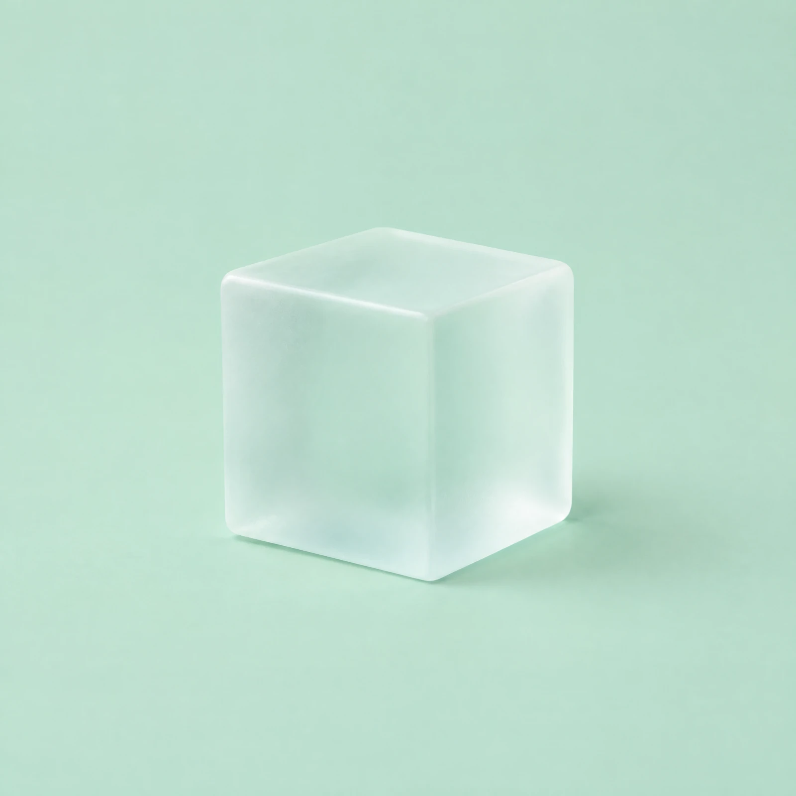Frosted white-teal glass cube with rounded edges on a flat mint green background