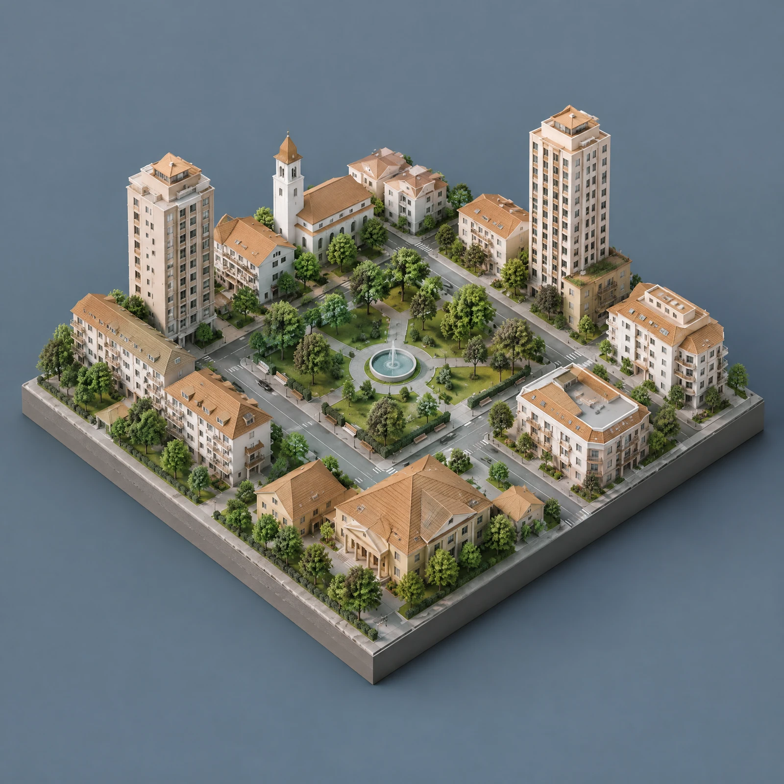 Isometric city block on a square base with warm white towers, terracotta roofs, a central park and small roads on a slate blue-grey background