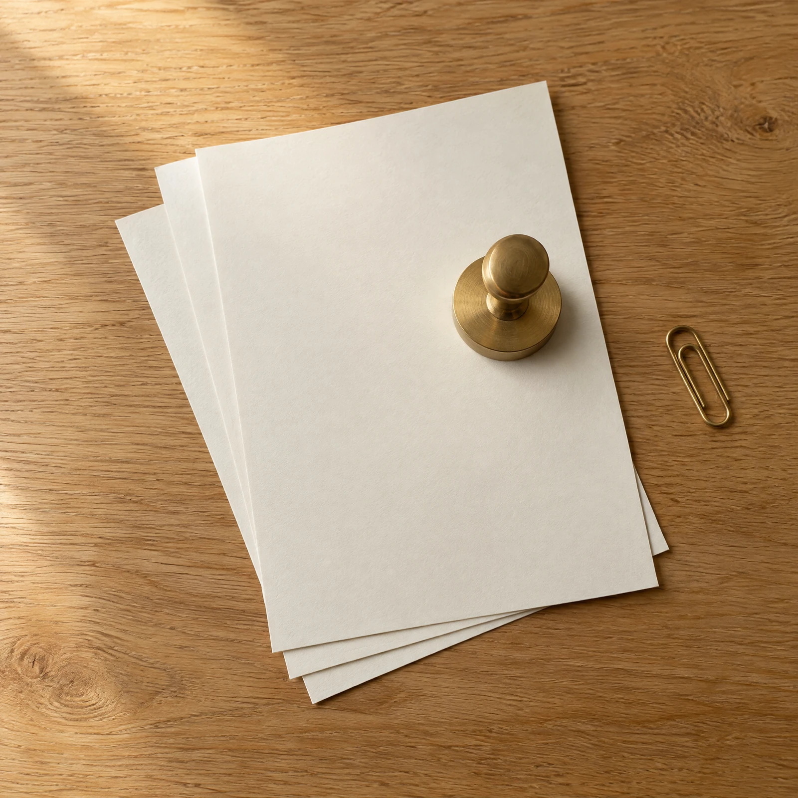 Stack of three blank cream paper sheets with a brass seal stamp and a brass paper clip on a light oak desk