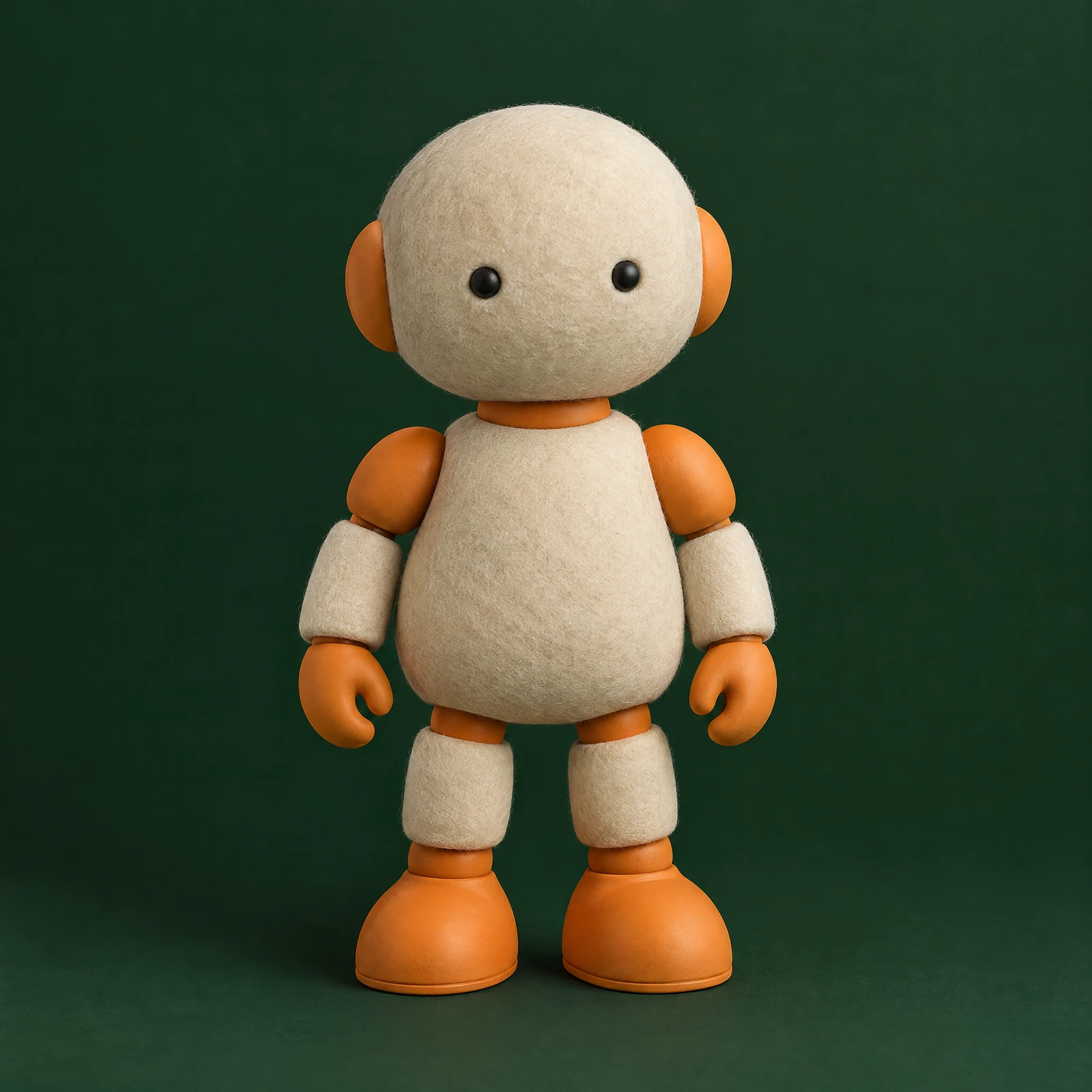 Rounded cream felt robot character with orange rubber joints and small black eyes standing on a forest green background